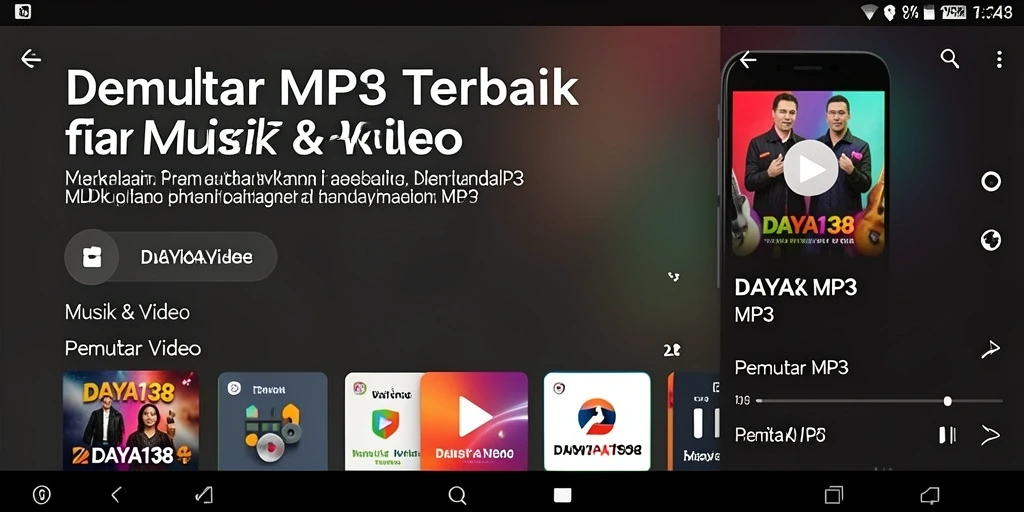 Tampilan antarmuka aplikasi Pemutar MP3 DAYA138 yang menarik.