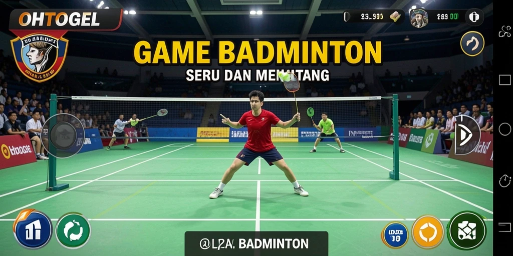 Antarmuka OHTOGEL menampilkan karakter dan lapangan Badminton yang mendetail.